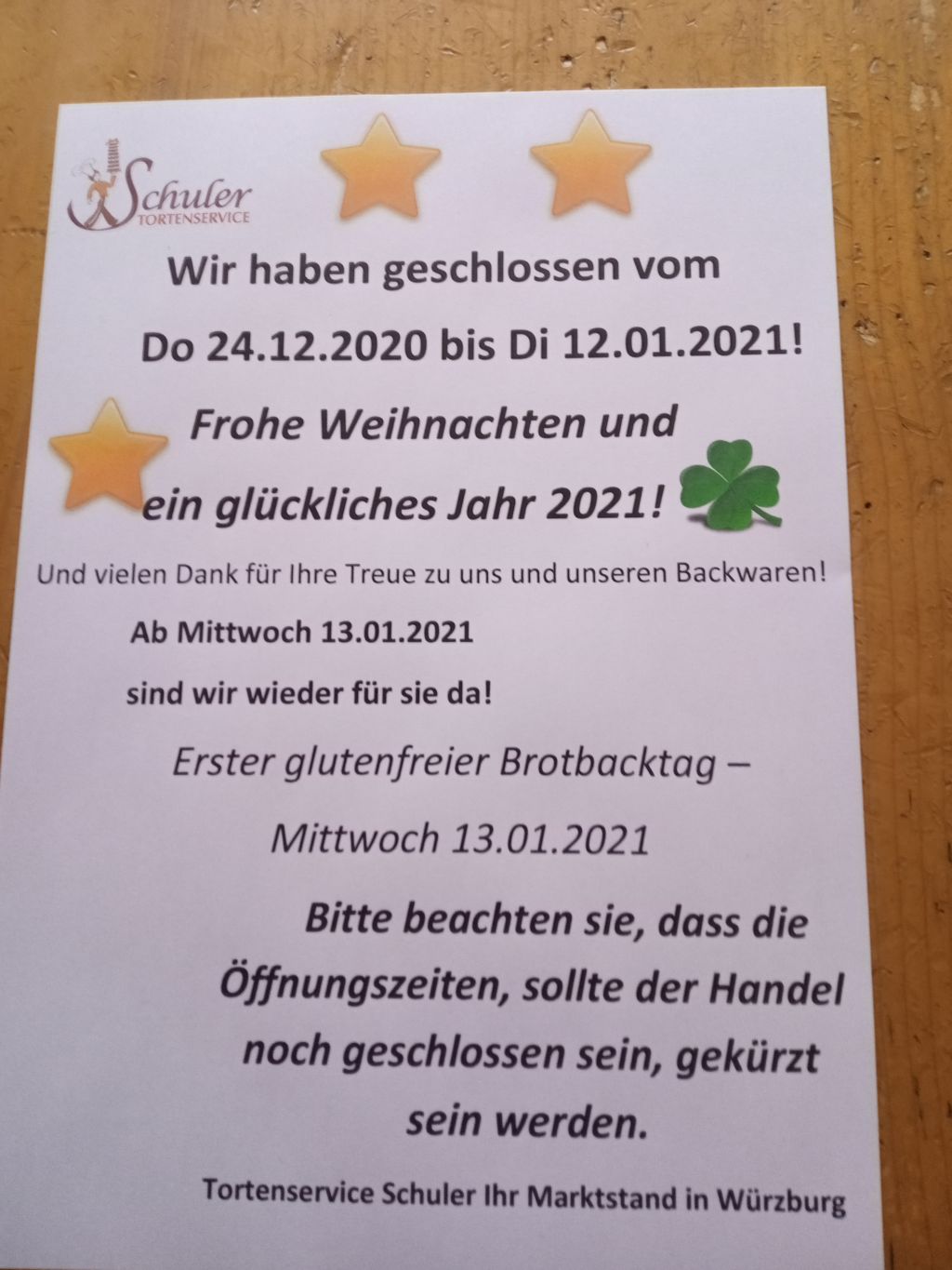 Öffnungszeiten Schuler Marktstand Würzburg